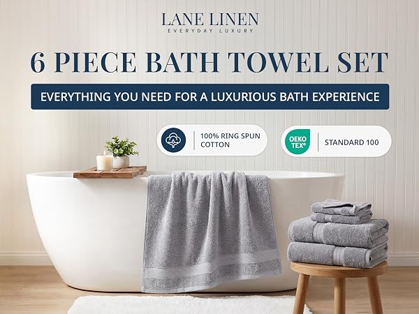 Lane Linen 100% Cotton 6 Piece bath towel set. Oeko-tex certified.