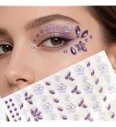 Purple Flower Face Gems Stickers - Summer Floral Face Jewels Glitter Self-Adhesive Rhinestone Flo...