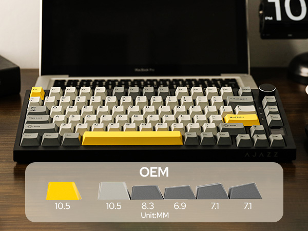 Mechanical keyboard with grey and yellow keycaps shown with OEM profile diagram displaying different row heights from 10.5 to 7.1 units.