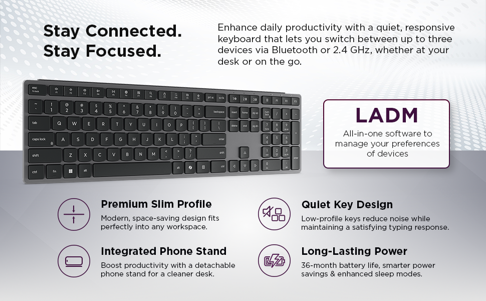This wireless keyboard delivers a smooth and quiet typing experience with responsive keys.