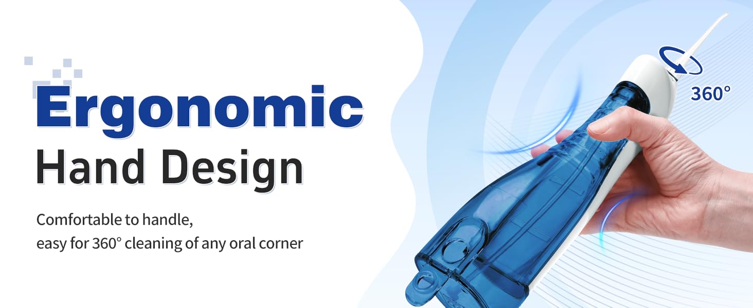Blue water dental flosser with ergonomic hand design comfortable to handle