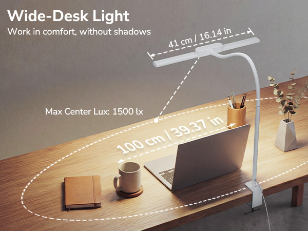Text reads: 'Wide-Desk Light', 'Work in comfort without shadows', 'Max Center Lux: 1500 lx', '41 cm / 16.14 in', '100 cm / 39.37 in'. Technical diagram showing desk lamp illumination range.