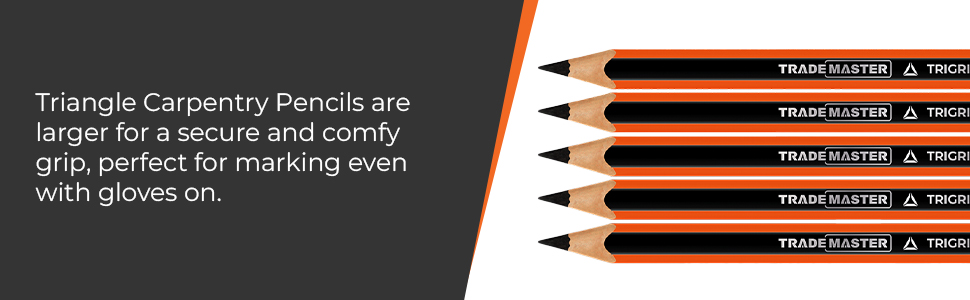 Triangle Carpentry Pencils with orange bodies and black tips. Text states they're larger for secure grip, perfect for marking even with gloves on.