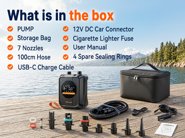 Text reads "What is in the box" with listed items: PUMP, Storage Bag, 7 Nozzles, 100cm Hose, USB-C Charge Cable, 12V DC Car Connector, Cigarette Lighter Fuse, User Manual, 4 Spare Sealing Rings. Image shows black electric air pump with accessories and carrying case displayed on wooden dock.