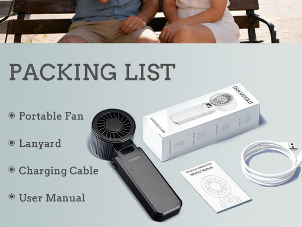 Text reads 'PACKING LIST' with bullet points listing: 'Portable Fan', 'Lanyard', 'Charging Cable', 'User Manual'. Product components displayed below list.