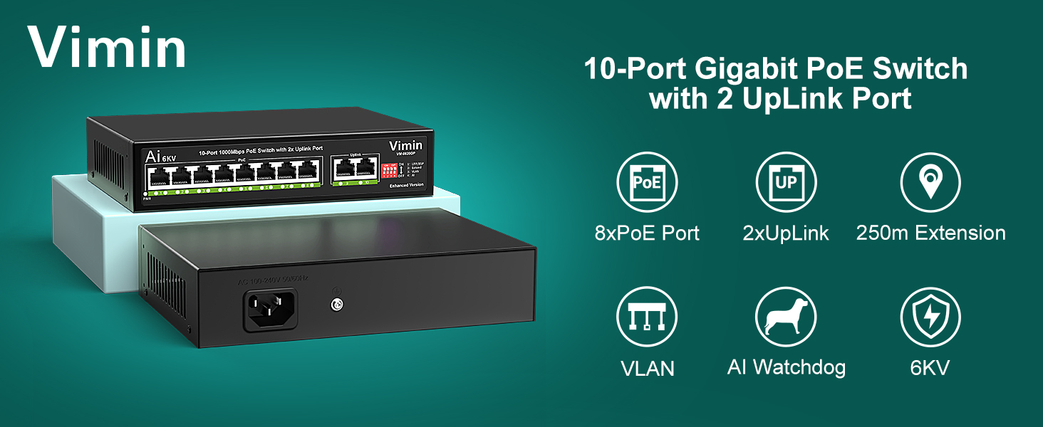 8-port PoE Switch Gigabit Unmanaged with 2 uplink port