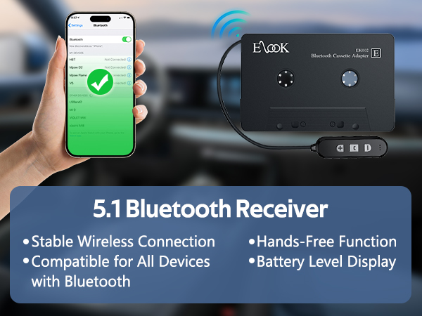Cassette to Bluetooth Adapter for Car with Micro SD Card Support/Hands-Free Call