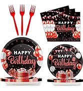 96 Pieces Red and Black Birthday Party Tableware Set Confetti Sprinkles Happy Birthday Party Deco...