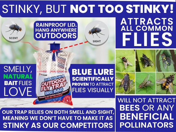 Big bag fly trap attract flies via blue visual lure and natural scent lure. Fly catchers for outside