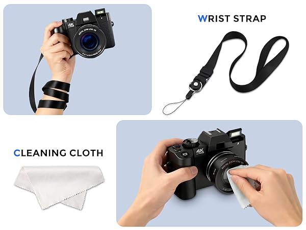 4k digital camera with strap and cleaning cloth