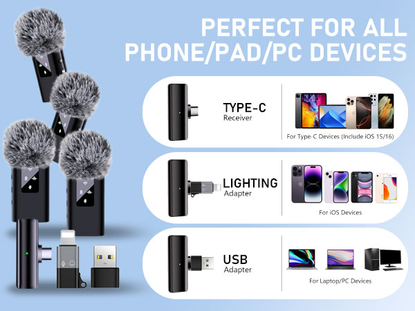 4 Wireless Lavalier Microphone for iPhone Android Phone Pad