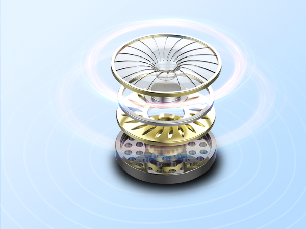 Exploded view of circular device showing multiple translucent layers with central fan-like structure, highlighted by blue ambient lighting.