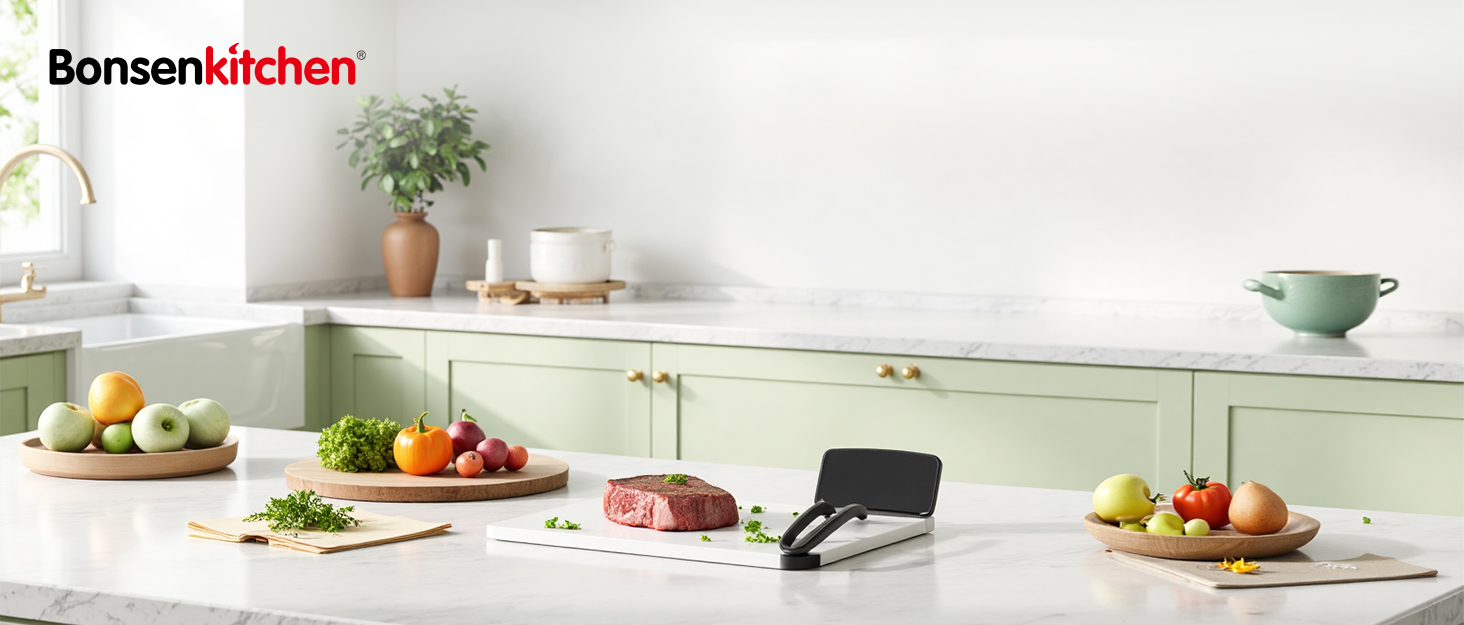 Kitchen countertop with light green cabinets, white surface, and various food items including fruits, vegetables, and raw meat. A small digital device is visible among the ingredients.