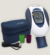 Microlife PF100 kit that has a peak flow meter, 3 mouthpieces, usb cable, and a storage case