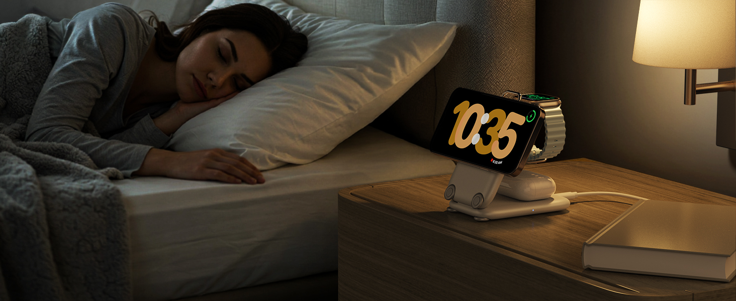 Digital alarm clock on bedside table displaying illuminated numbers, casting soft glow in darkened bedroom setting.