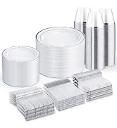WELLIFE 600 PCS Silver Disposable Dinnerware Set for 100 Guests, Silver Plastic Plates for Party,...