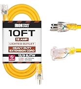 Iron Forge Cable 10 Foot Lighted Outdoor Extension Cord - 12/3 SJTW Heavy Duty Yellow Extension C...