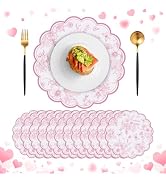 60 Pcs Pink Floral Paper Placemats, 13.5 Inch Disposable Scalloped Table Mats Wedding Placemats, ...