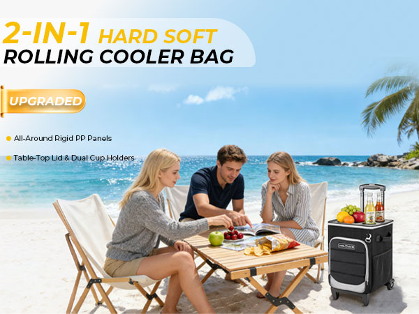 cooler with wheels, rolling cooler, wheeled cooler, beach cooler with wheels, soft cooler with wheel