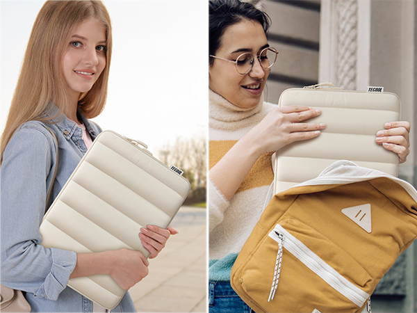 Split image of quilted laptop or tablet sleeves in beige and mustard colors, featuring padded design and zippered compartments.