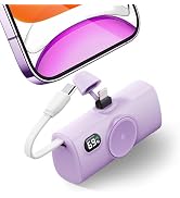 Mini Purple Power Bank with USB C Cable for Samsung,100g 5000mah Small Portable Charger for iPhon...