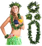Housoutil Hawaiian Lei Set, Green Leaf Garland Artificial Leaves Headband Necklace Bracelet, Hawa...