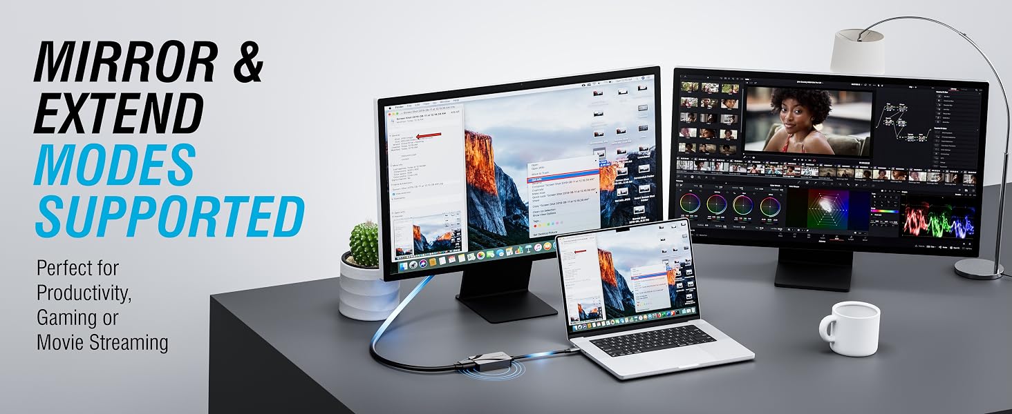 Text reads 'MIRROR &amp; EXTEND MODES SUPPORTED'. Setup showing multiple displays connected to laptop, demonstrating screen mirroring and extended desktop configurations on dark desk surface.
