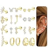 BESTEEL Hypoallergenic Flat Back Earrings for Women 14K Gold Plated Surgical Steel Stud Hoop Earr...