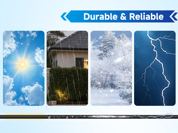 Composite image showcasing weather-resistant product. Four panels display sunny sky, heavy rain, snowy landscape, and lightning storm. Text reads 'Durable &amp; Reliable'.