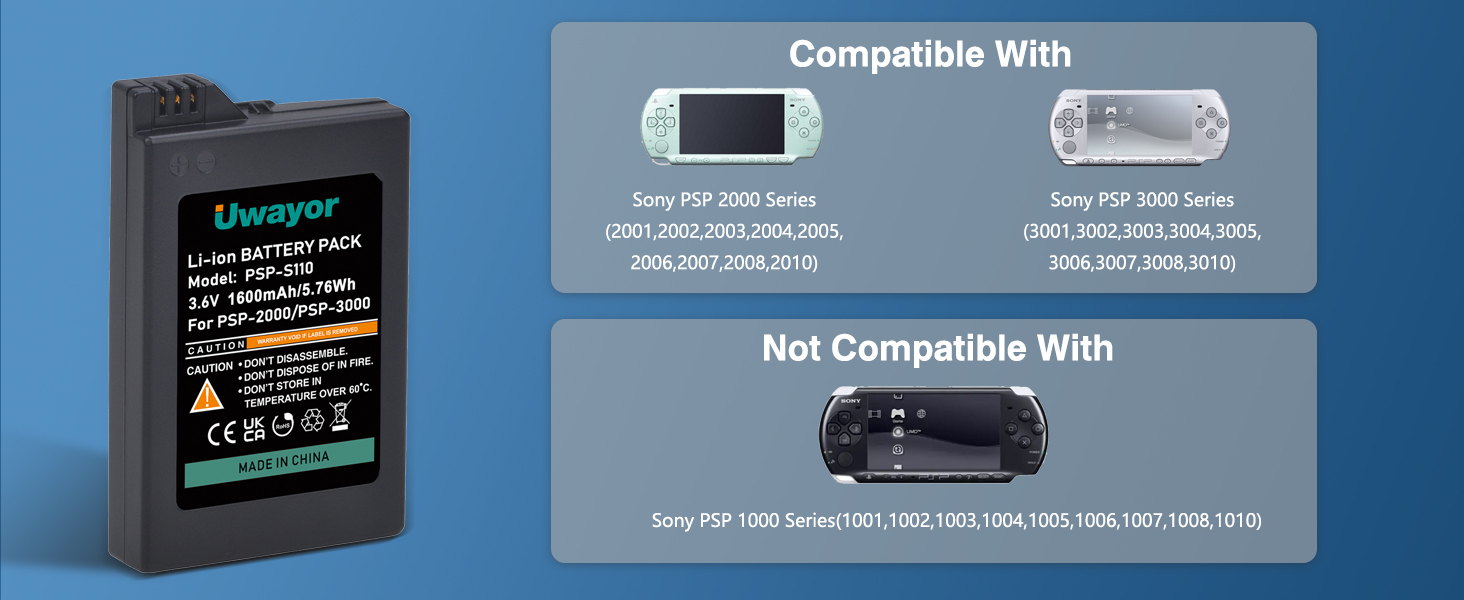 Text reads 'Compatible With' showing PSP and PSP Slim gaming devices, and 'Not Compatible With' section showing various gaming system models listed below.