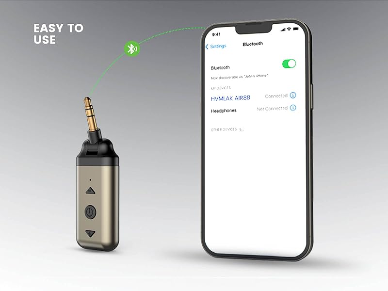 Bluetooth audio device with 3.5mm jack connector shown alongside smartphone interface, demonstrating wireless connectivity features.