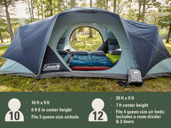 coleman skydome tent ten twelve person people camping fit room height size airbed queen sleep roomy