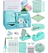 Green and Blue Desk Accessories, 26Pcs Office Supplies and Desk Organizers, with Tape Dispenser, ...