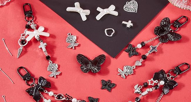 Keychain Making Kits Gothic Key Chains Black Butterfly Beads Heart Charm