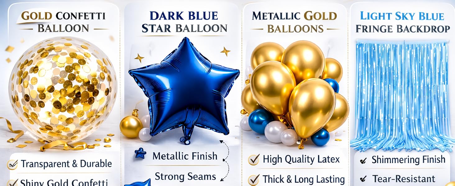 Premium blue and gold balloons with metallic star and fringe texture close up