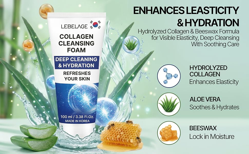 Hydrating collagen cleansing foam surrounded by dynamic water splashes, aloe, and glowing spheres