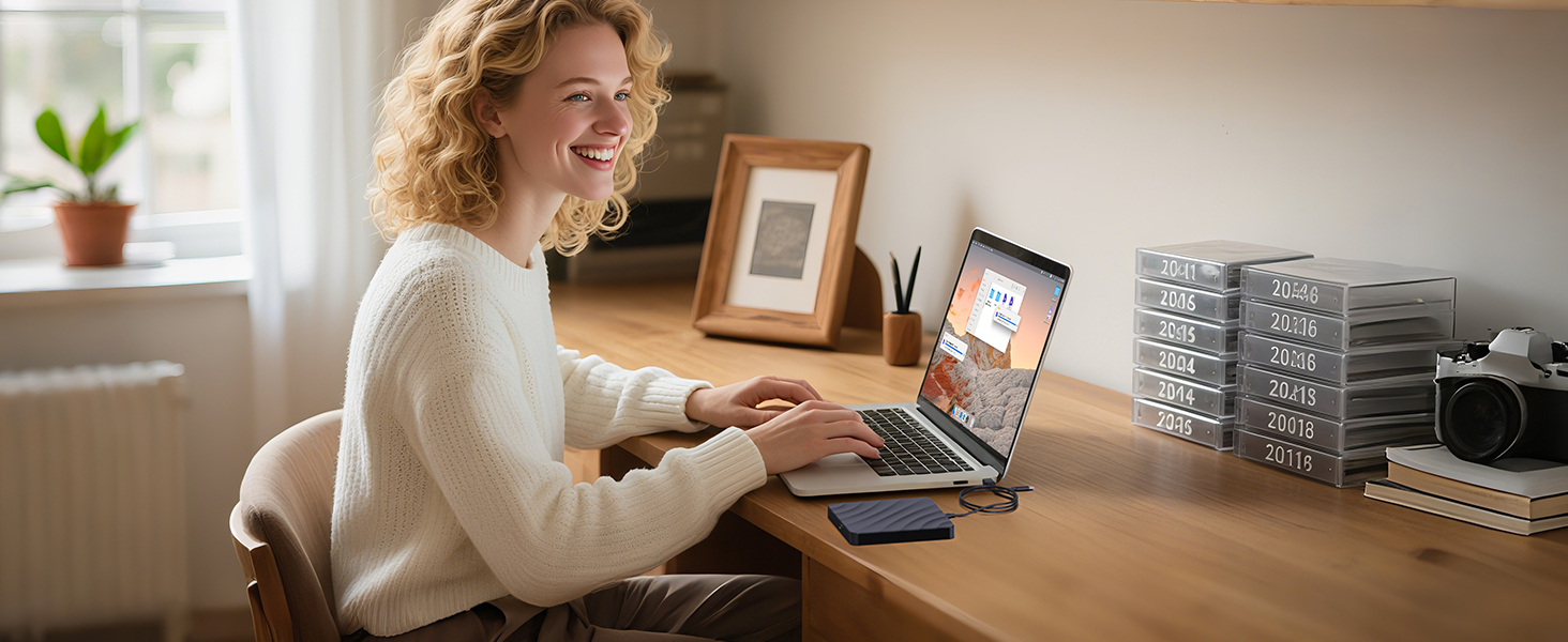 Series of images showing remote work setup with laptop and office supplies in warm, home environment setting.