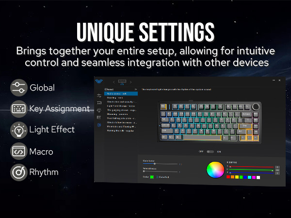 Computer interface showing keyboard customization software with RGB lighting controls, macro settings, and global key assignment options.
