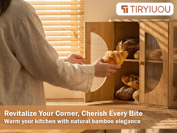 TIRYIUOU Corner Bread Box for Kitchen Countertop Bamboo Storage Container for Homemade Bread