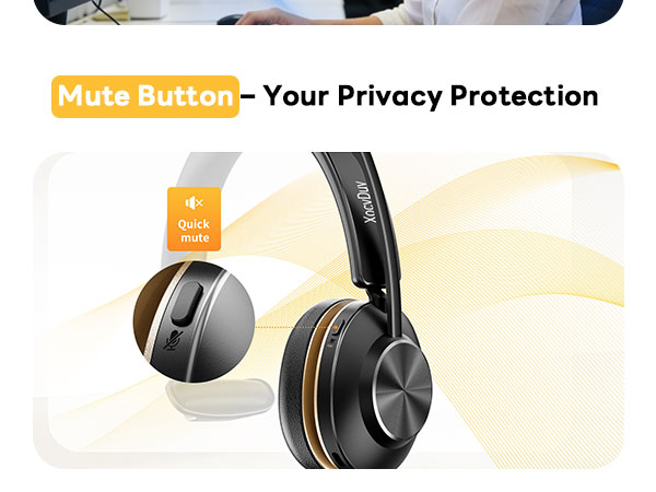 Text reads 'Mute Button – Your Privacy Protection' with yellow accent. Image displays headphones with integrated mute feature for privacy control.