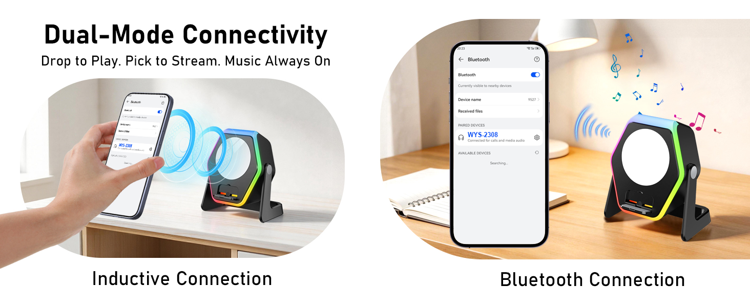 Text reads 'Dual-Mode Connectivity' with 'Inductive Connection' and 'Bluetooth Connection' labels. Diagrams showing wireless charging and connectivity options.