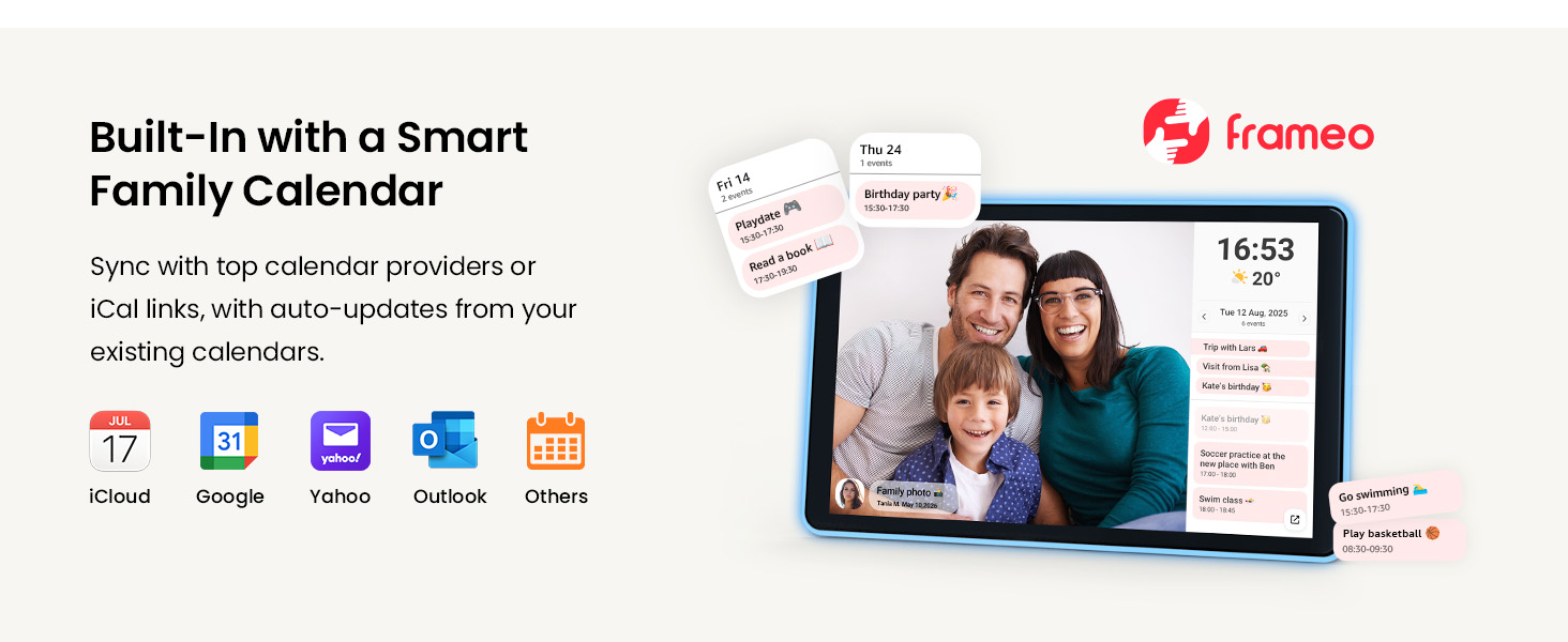 Smart digital picture frame with Frameo app calendar sync for daily schedules