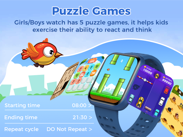 Colorful smartwatch for kids featuring 5 puzzle games. Blue strap, square display showing game graphics. Cartoon bird nearby. Text describes timing settings for game play.