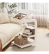 AQIMUELE Wooden C-Shaped End Table,Couch Desk with 2 Lockable Wheels,4-Tier Couch Table with Stor...