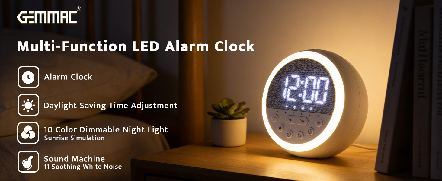 Text reads 'Multi-Function LED Alarm Clock'. Digital alarm clock with circular LED display and multiple settings including dimmable night light and sound controls.