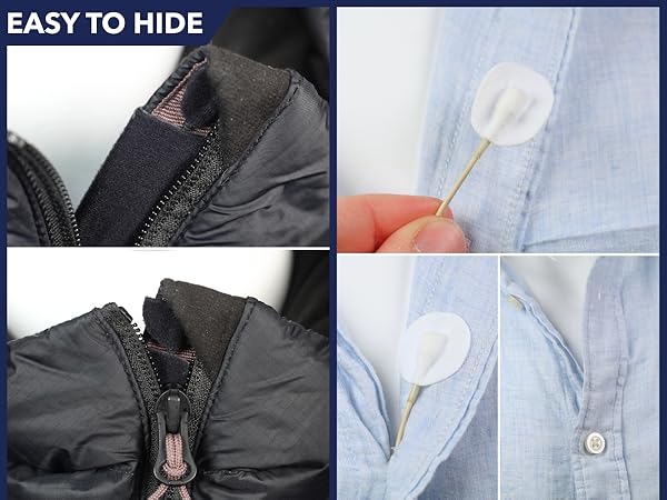 Text reads 'EASY TO HIDE'. Collection of images showing clothing details with hidden zippers and buttons in black and white garments.