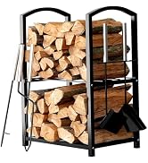 Home-it Firewood Rack Outdoor Indoor - 2-Tier Firewood Holder with Fireplace Tools Set, Brush, Sh...