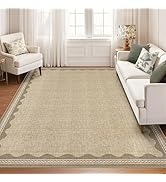 GarveeHome Scalloped Washable 8x10 Rug for Living Room Non-Slip Solid Tan Jute Digital Printing M...