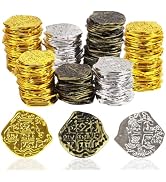 DIYASY 100 Pcs Plastic Pirate Gold Coins, Fake Play Gold Coins for Pirate | Halloween Party Treas...