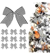 12 Pcs Black White Stripe Bows Halloween Tree Decorations,6 Inch Fall Ornaments for Christmas Tre...